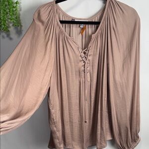 Jennifer Lopez Lace-Up Peasant Blouse in Dusty Rose